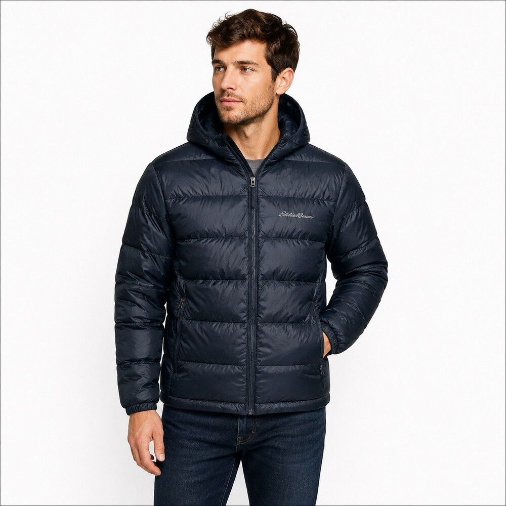 Eddie Bauer Down Jacket Mens M Blue Wide Channel Hooded Puffer Insulated EB650